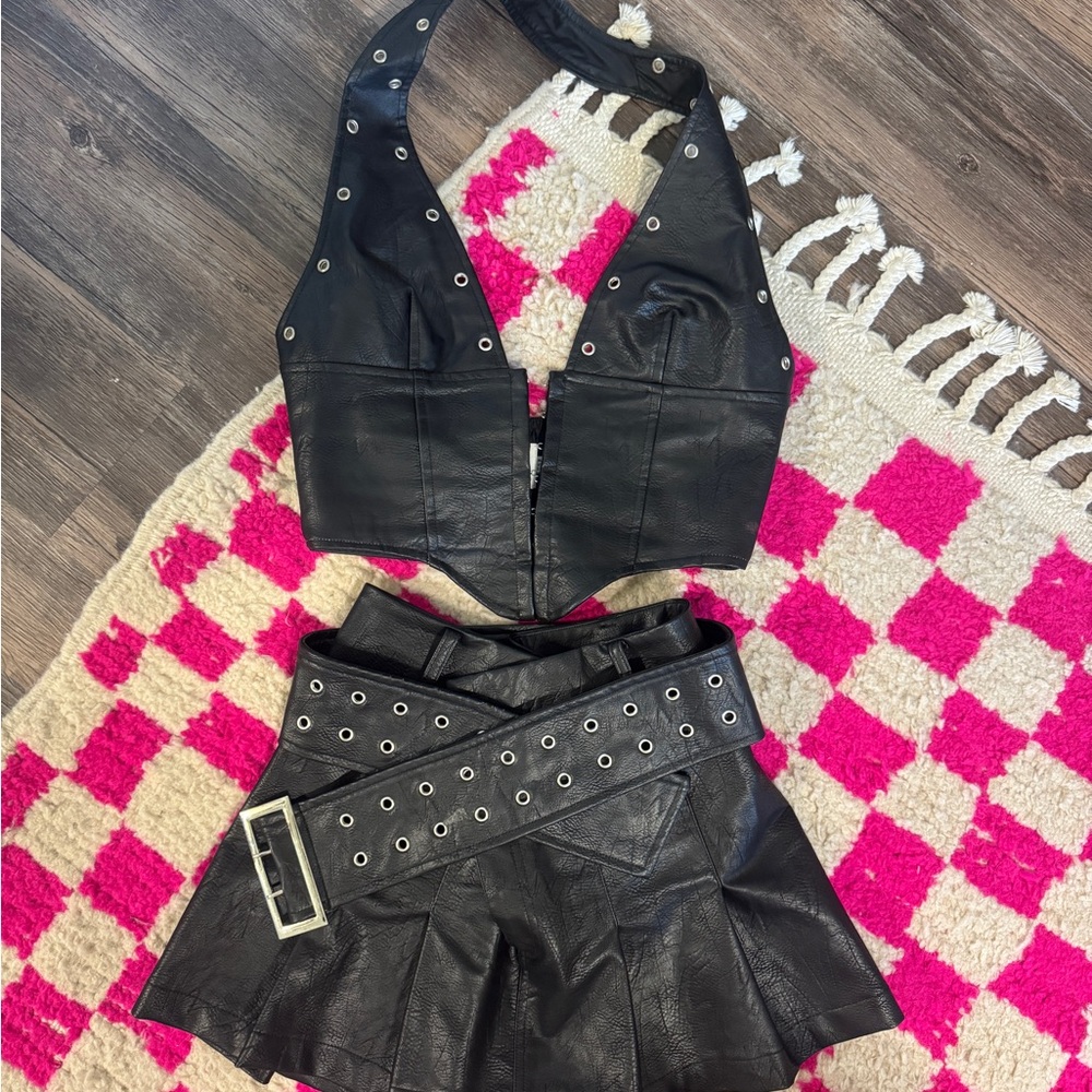 Black Leather Halter Top and Skirt Set